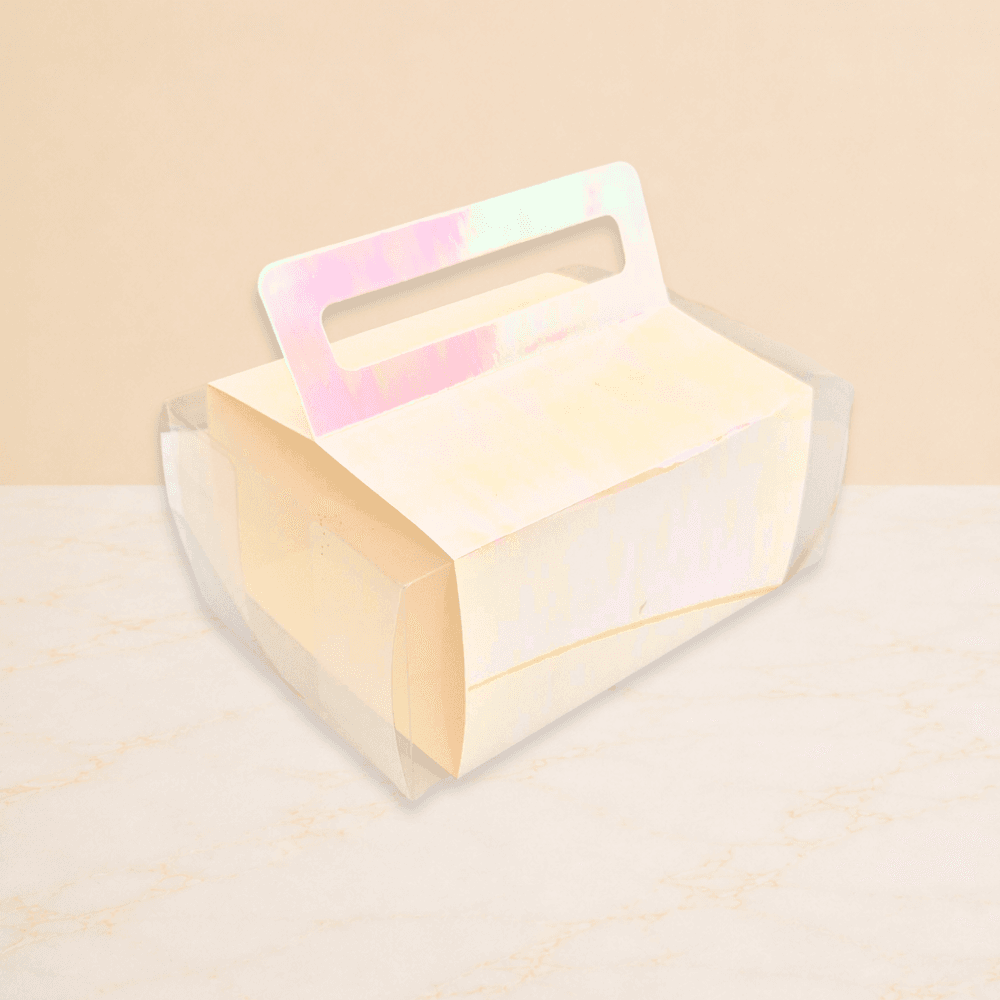 Caja acetato con manigueta de cartón tornasol